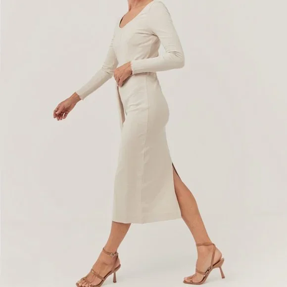 NWT Pact organic ivory cream Jazz stretch rib knit midi dress - Picture 2 of 7